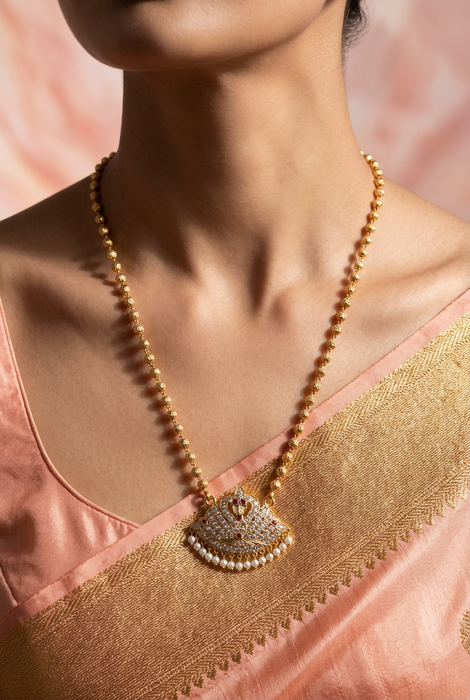 Heritage gold plated ruby white stone pendant long necklace HP7374