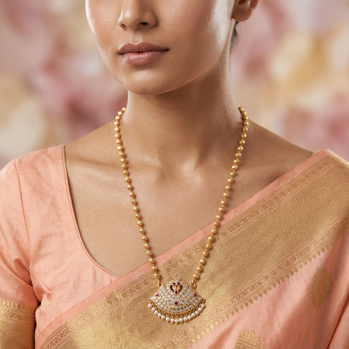 Heritage gold plated ruby white stone pendant long necklace HP7374