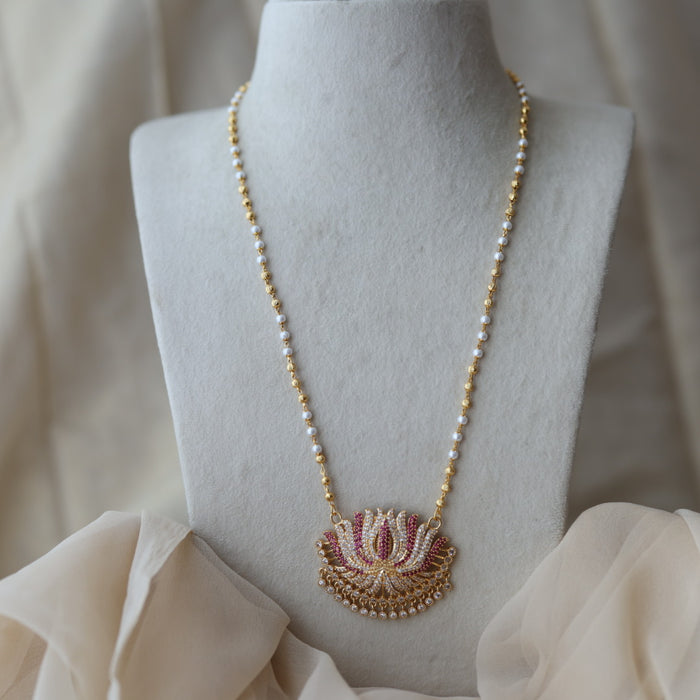 Heritage gold plated ruby white stone lotus pendant long necklace HP733