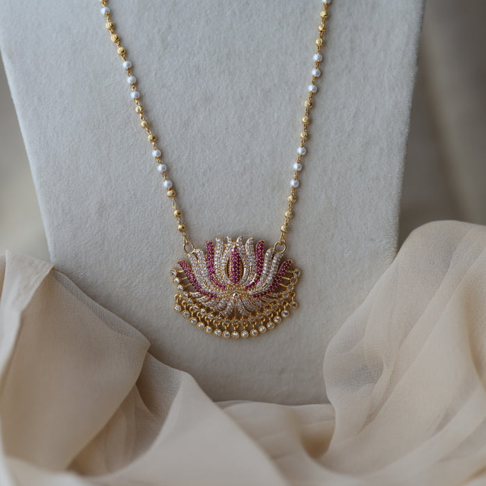 Heritage gold plated ruby white stone lotus pendant long necklace HP733