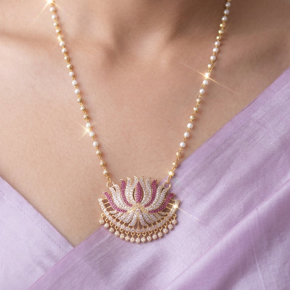 Heritage gold plated ruby white stone lotus pendant long necklace HP733