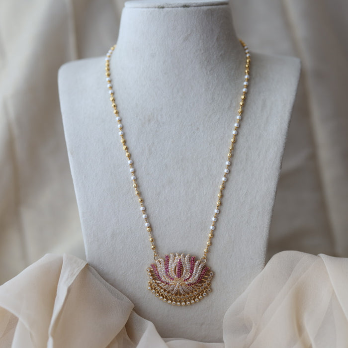 Heritage gold plated ruby white stone lotus pendant long necklace HP733