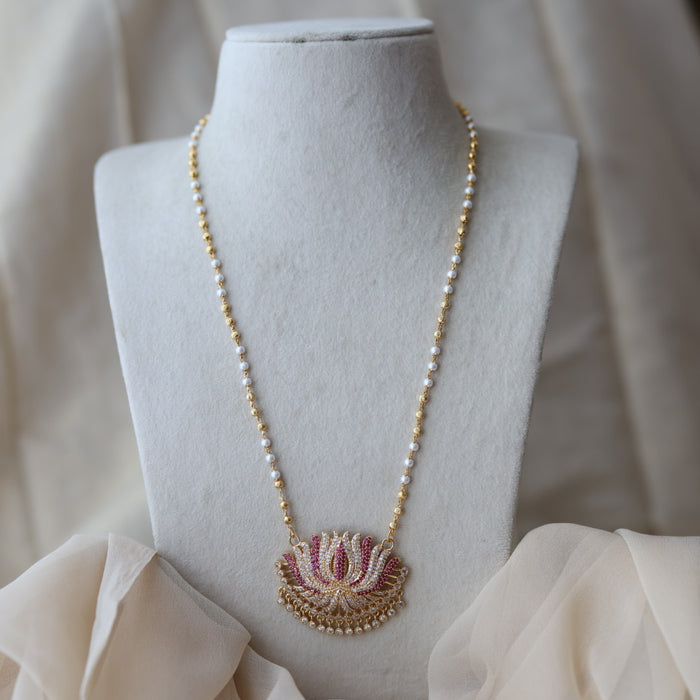 Heritage gold plated ruby white stone lotus pendant long necklace HP733