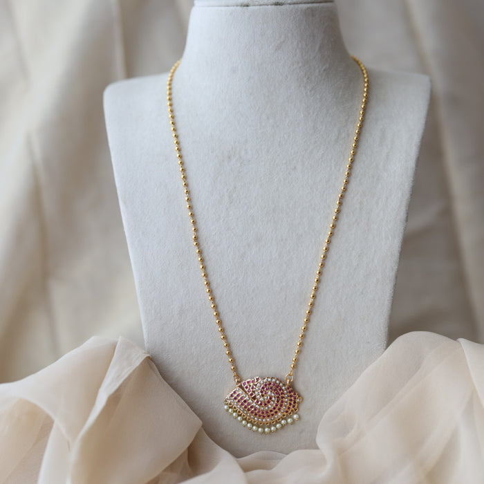 Heritage gold plated ruby pearl stone sangu pendant long necklace HP7493