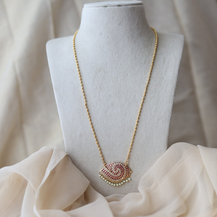 Heritage gold plated ruby pearl stone sangu pendant long necklace HP7493