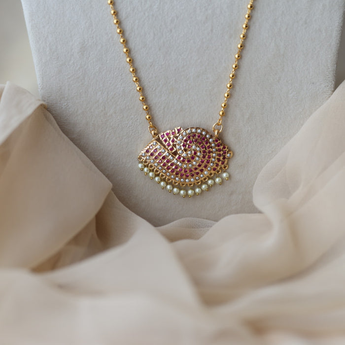Heritage gold plated ruby pearl stone sangu pendant long necklace HP7493