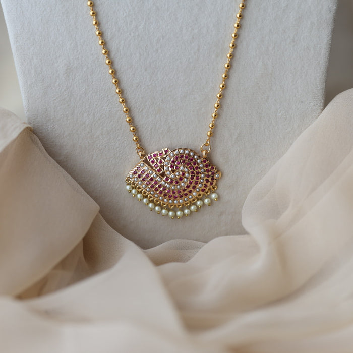 Heritage gold plated ruby pearl stone sangu pendant long necklace HP7493
