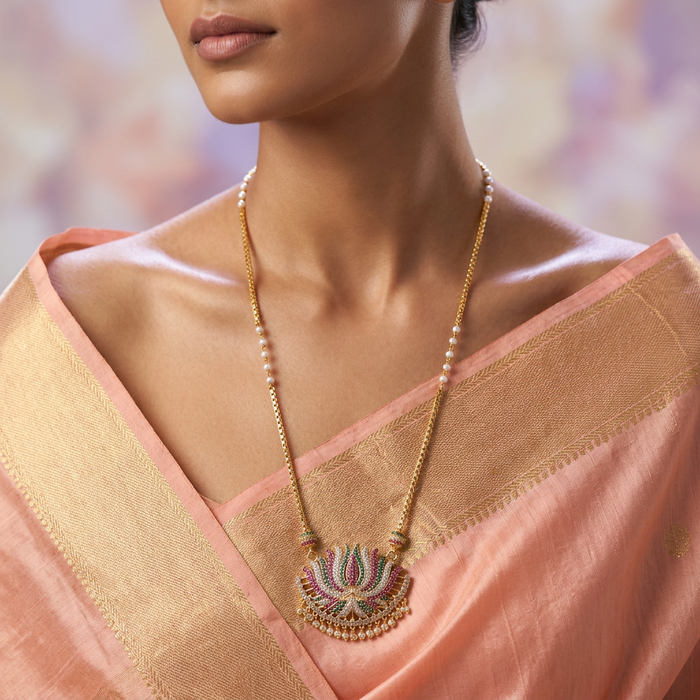 Heritage gold plated multi stone sangu pendant long necklace HP2311