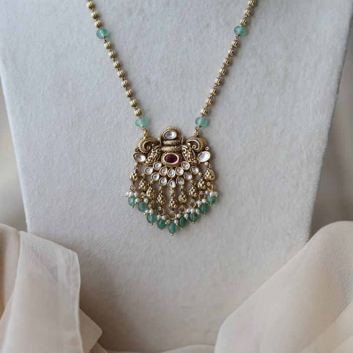 Antique green bead long necklace with earrings LL04244