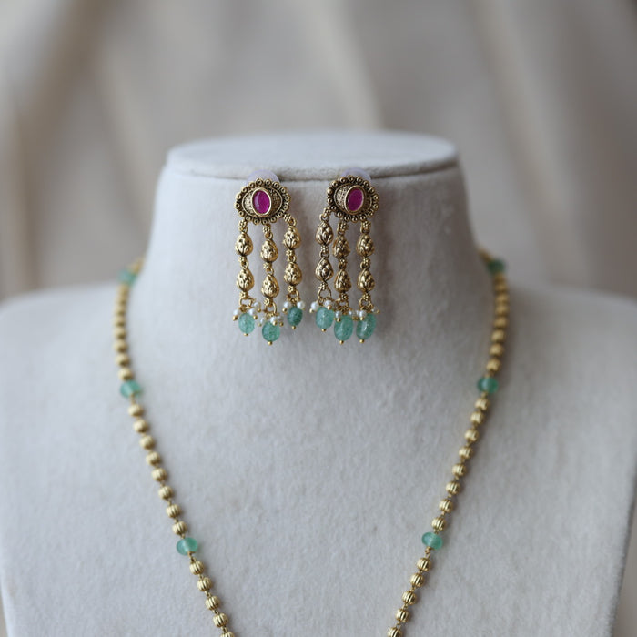 Antique green bead long necklace with earrings LL04244