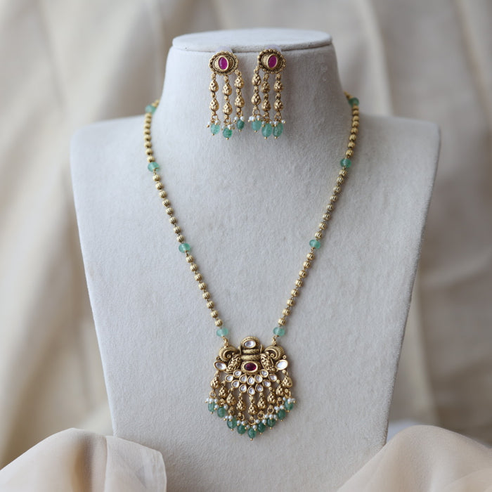 Antique green bead long necklace with earrings LL04244