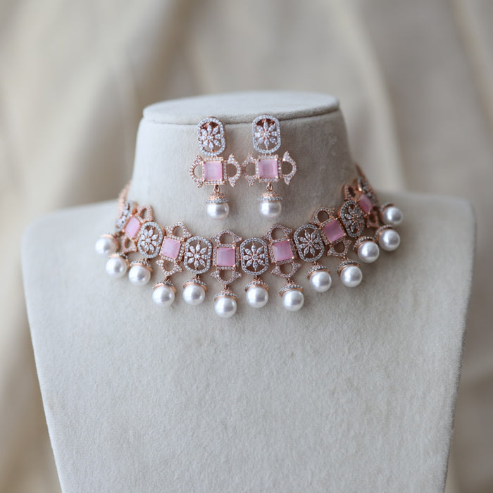 Trendy rosegold pink stone choker necklace with earrings TP24402