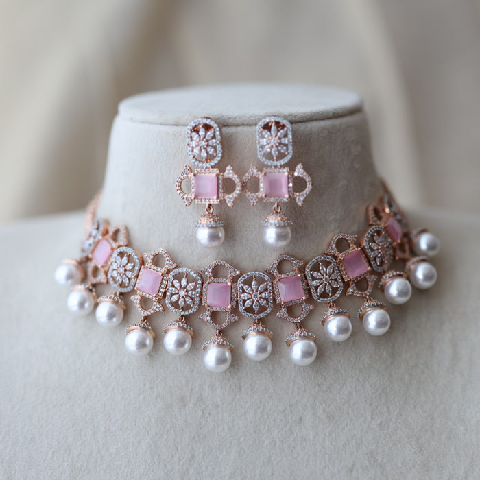 Trendy rosegold pink stone choker necklace with earrings TP24402