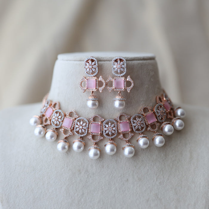 Trendy rosegold pink stone choker necklace with earrings TP24402