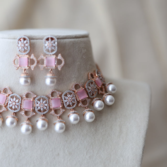 Trendy rosegold pink stone choker necklace with earrings TP24402