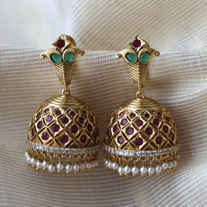 Antique ruby green stone jumka earrings  AJ42976