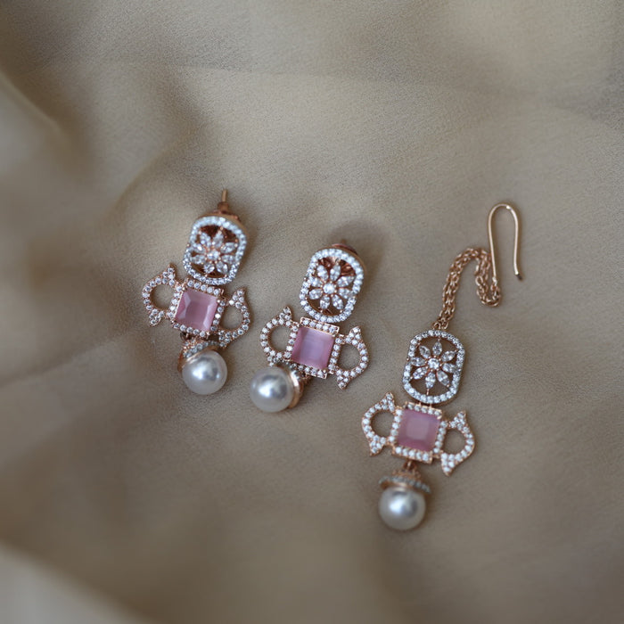 Trendy rosegold pink stone choker necklace with earrings TP24402