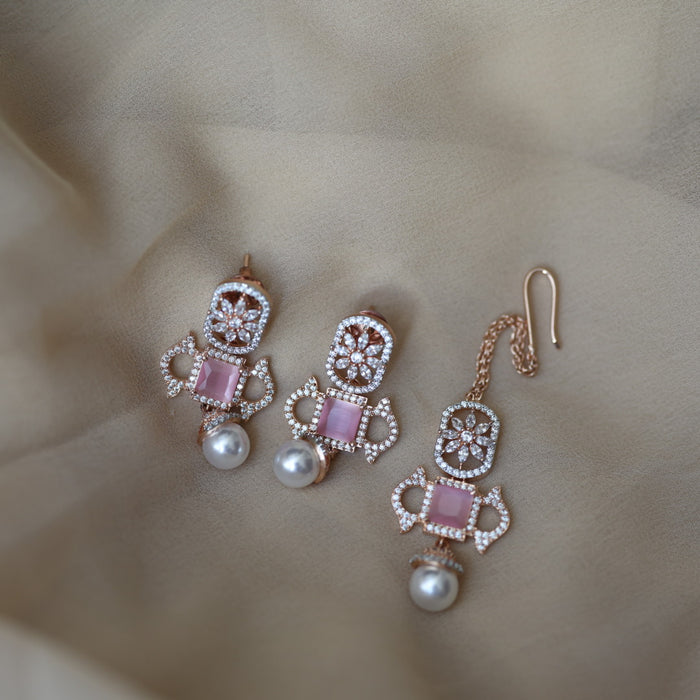 Trendy rosegold pink stone choker necklace with earrings TP24402