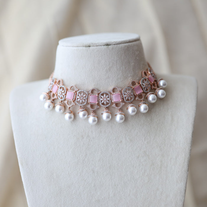 Trendy rosegold pink stone choker necklace with earrings TP24402