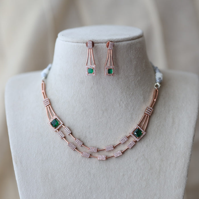 Trendy rosegold green stone choker necklace with earrings TG244