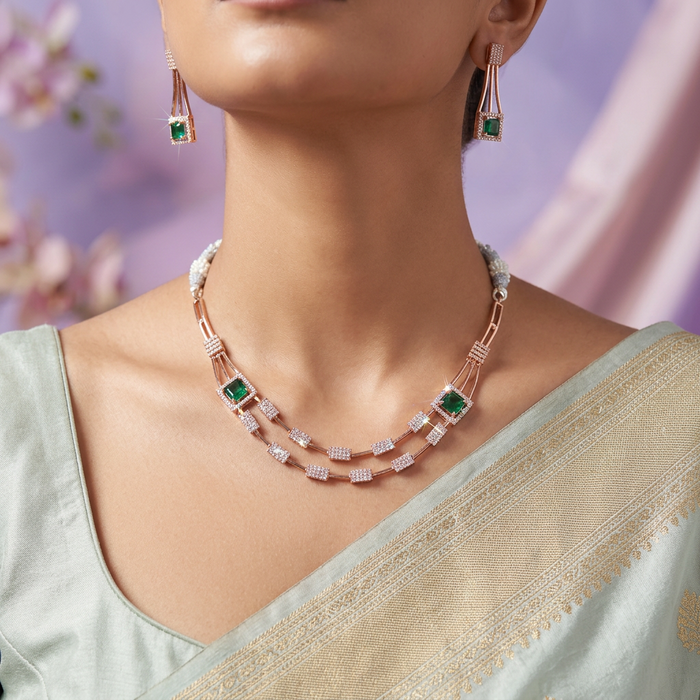 Trendy rosegold green stone choker necklace with earrings TG244