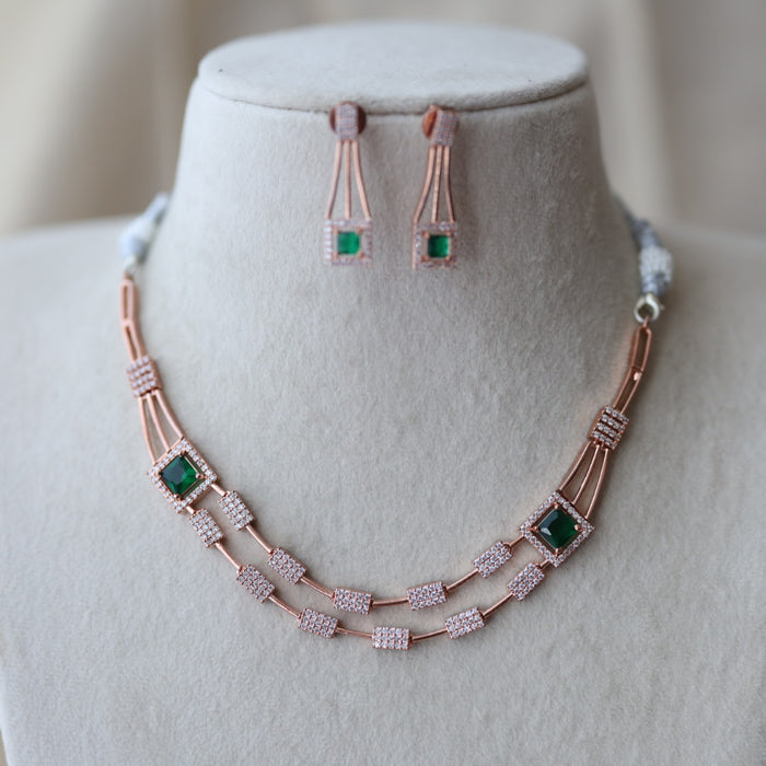 Trendy rosegold green stone choker necklace with earrings TG244