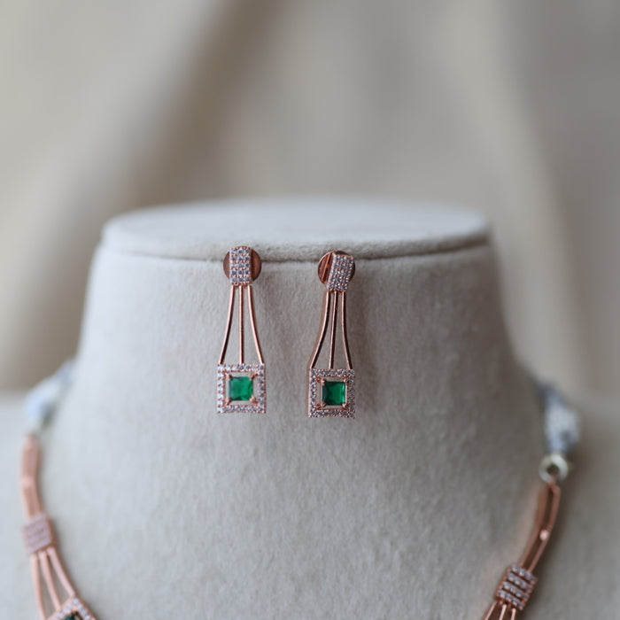 Trendy rosegold green stone choker necklace with earrings TG244