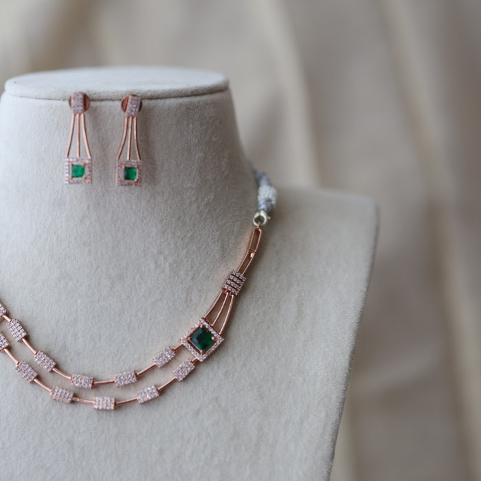 Trendy rosegold green stone choker necklace with earrings TG244