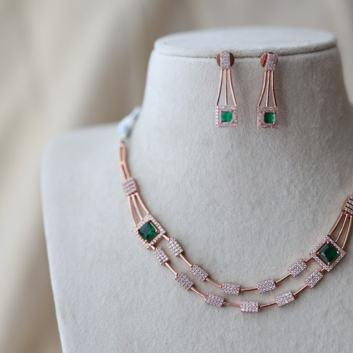 Trendy rosegold green stone choker necklace with earrings TG244