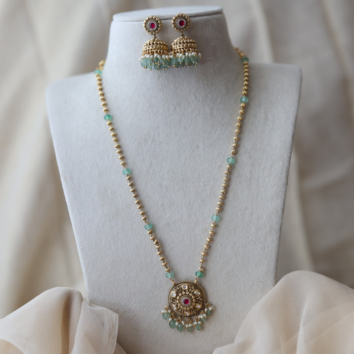 Antique green bead long necklace with earrings LL04076