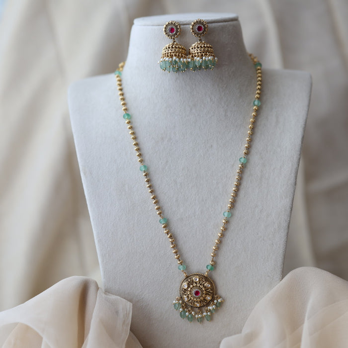 Antique green bead long necklace with earrings LL04076