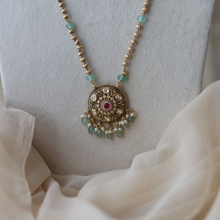 Antique green bead long necklace with earrings LL04076