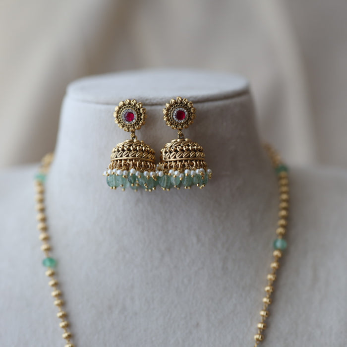 Antique green bead long necklace with earrings LL04076