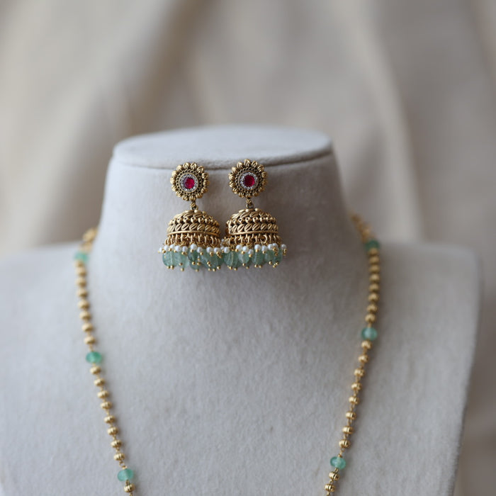 Antique green bead long necklace with earrings LL04076