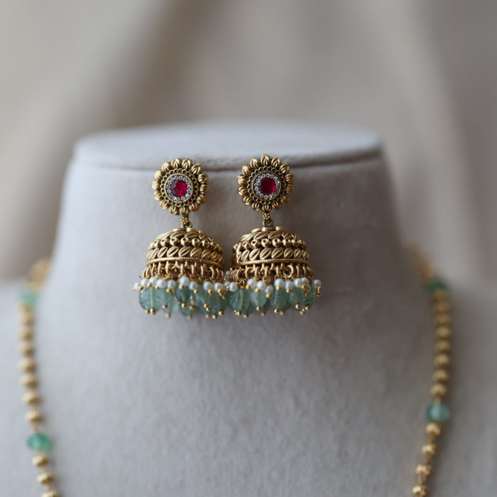 Antique green bead long necklace with earrings LL04076