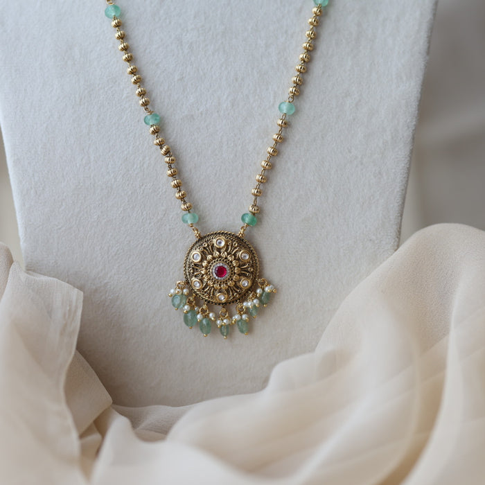 Antique green bead long necklace with earrings LL04076