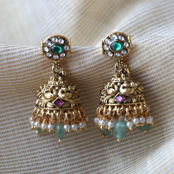 Antique ruby stone green bead jumka earrings  AJ4720