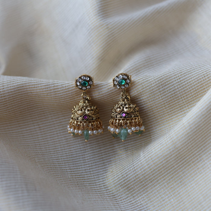 Antique ruby stone green bead jumka earrings  AJ4720