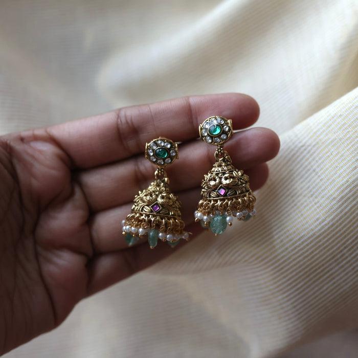 Antique ruby stone green bead jumka earrings  AJ4720