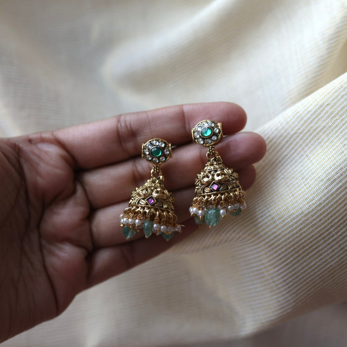 Antique ruby stone green bead jumka earrings  AJ4720