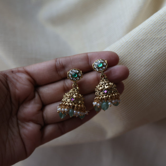 Antique ruby stone green bead jumka earrings  AJ4720