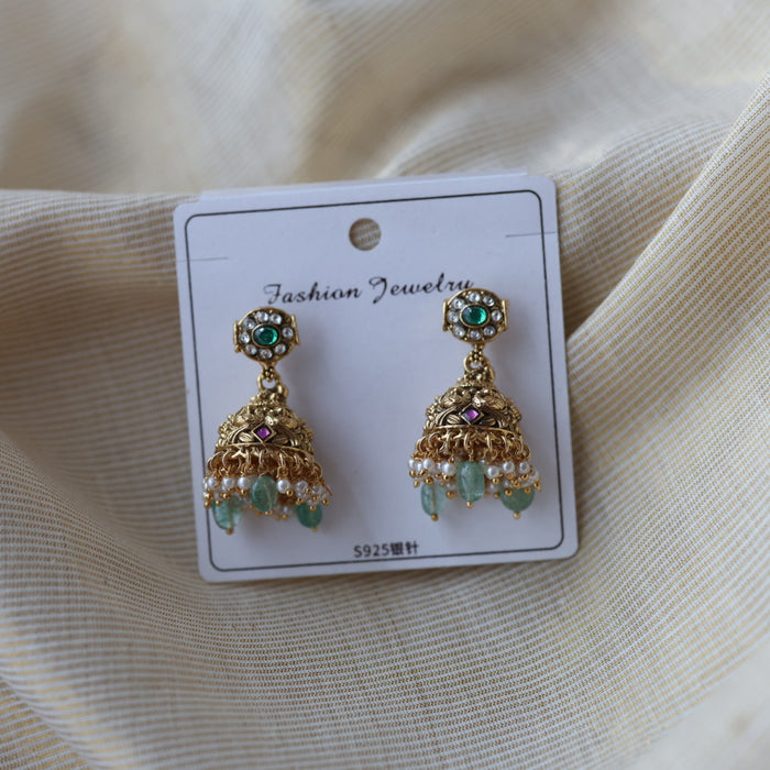 Antique ruby stone green bead jumka earrings  AJ4720