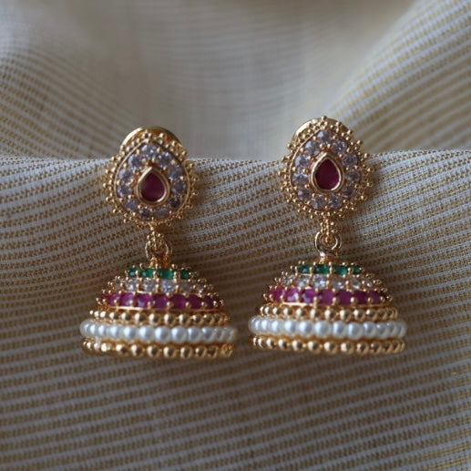 Heritage ruby green white stone jumka earrings  HJ4723