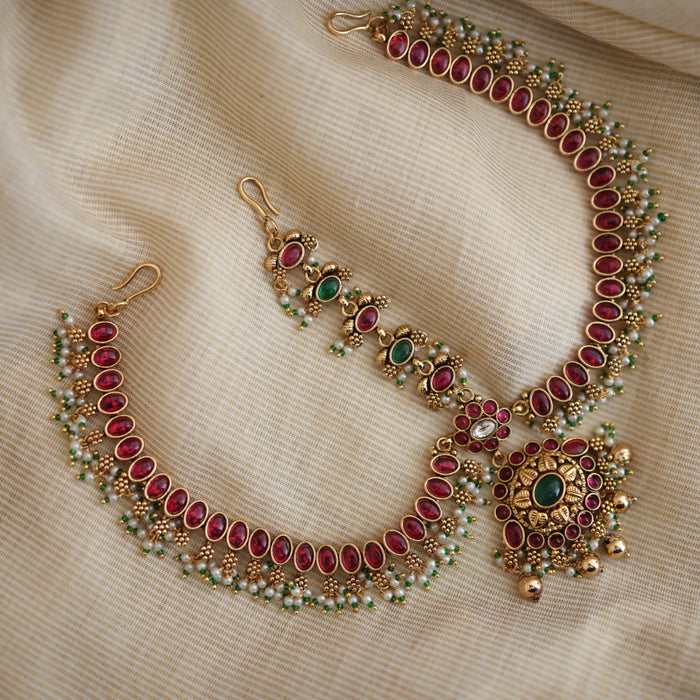 Antique ruby green stone three side tikka design tikka AT02122