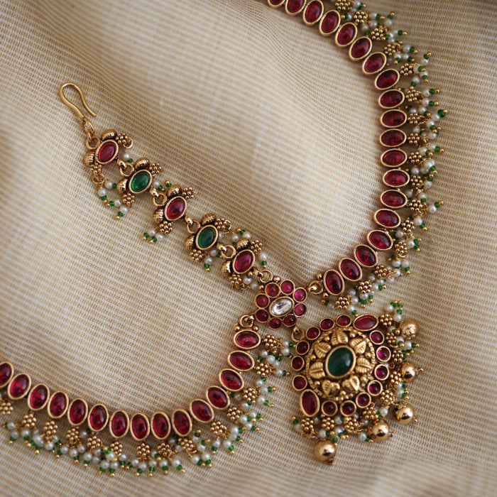 Antique ruby green stone three side tikka design tikka AT02122