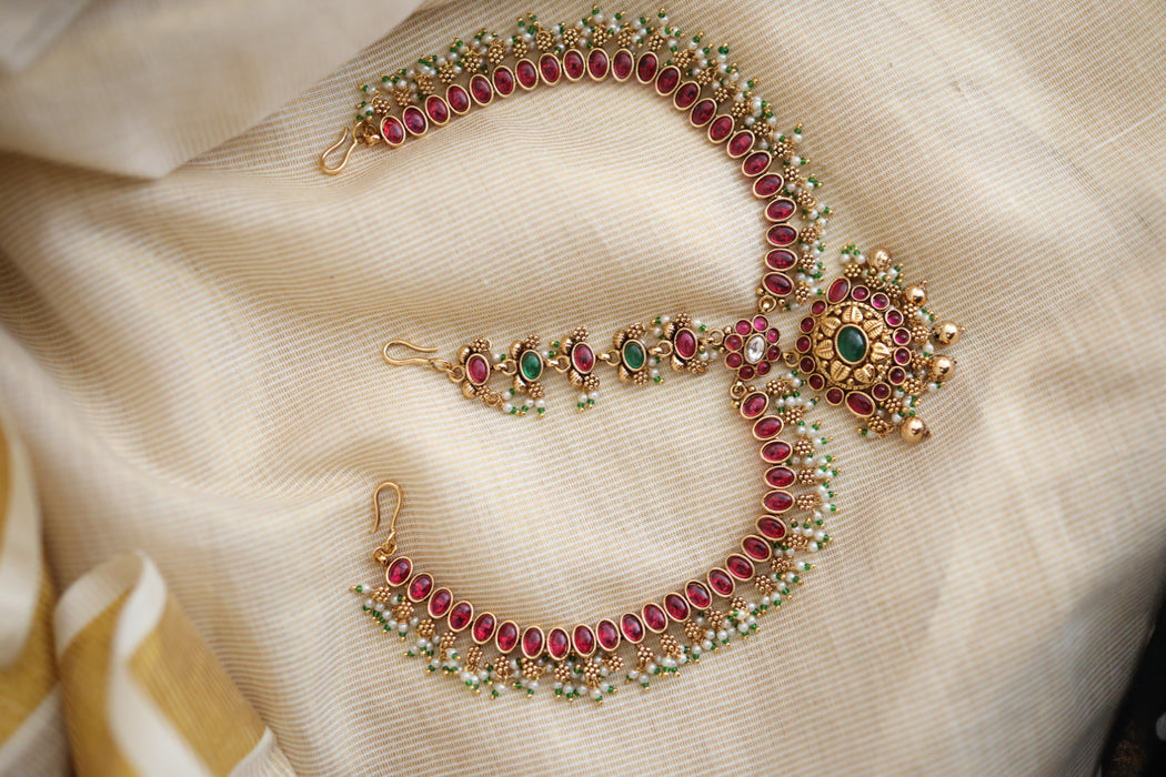 Antique ruby green stone three side tikka design tikka AT02122