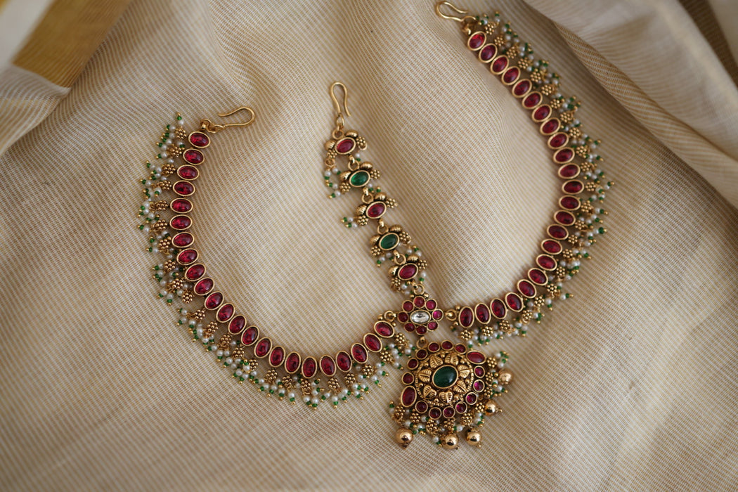 Antique ruby green stone three side tikka design tikka AT02122