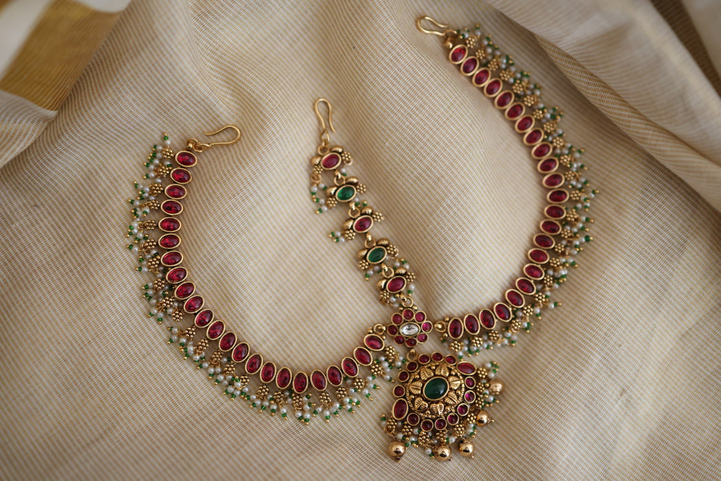 Antique ruby green stone three side tikka design tikka AT02122
