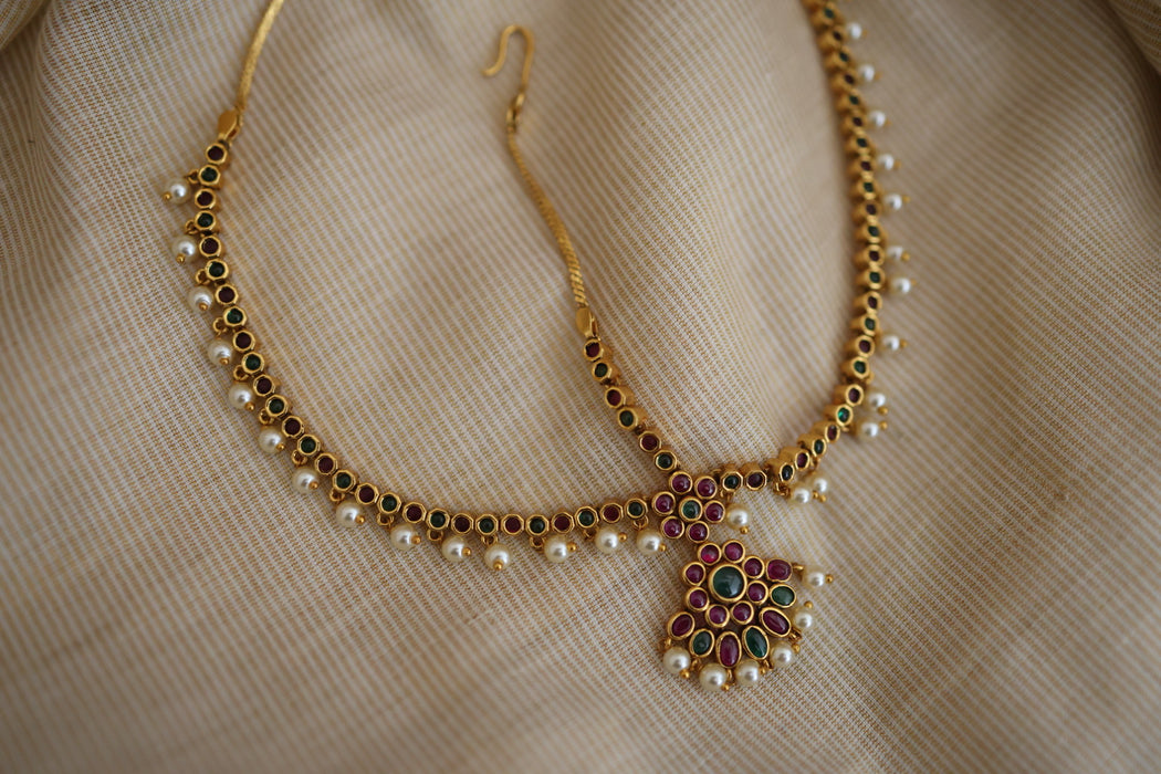 Antique ruby green stone three side tikka design tikka AT02222