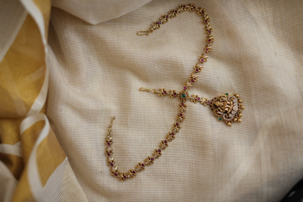 Antique ruby green stone three side tikka design tikka AT0289